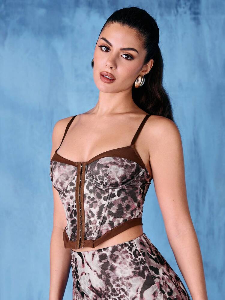 Elegant Ladies' Leopard Print Mesh Bustier Corset Fishbone Strap Tank Top With Chest Cup