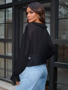 SHEIN Frenchy Women's Casual Long Sleeve Shirt With Ruffled Decor - Black - View 2