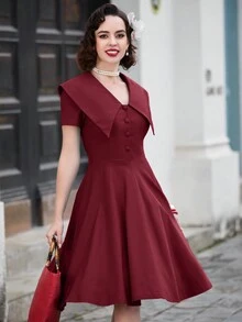 MUXXN Vintage 1950's Button Down Wrap V Neck Midi Casual Cocktail Prom Party Swing Dresses - Maroon - View 4