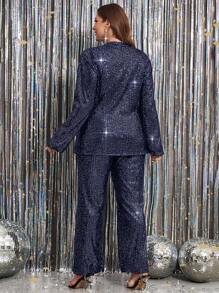 SHEIN Clasi 女性加大碼閃爍前開夾克和寬腳褲兩件套 - 藏蓝色 - 查看 2