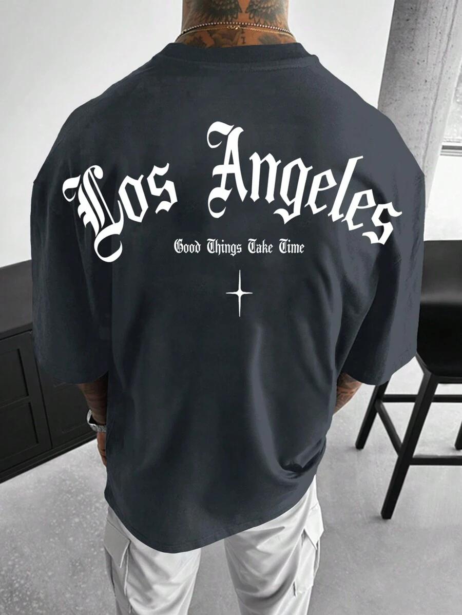 Manfinity LEGND Men Letter Graphic Printed Short Sleeve T-Shirt, For Going Out, For Friends, 2000s Style - Grey - View 1