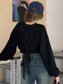 DAZY Màu thuần Vòng cổ Thả vai Giải trí Áo nỉ - màu đen - Xem 6