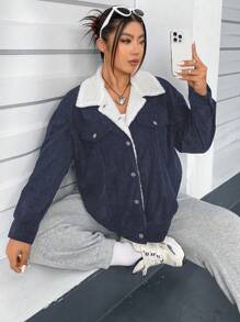 Flirla Plus Size Women's Corduroy Casual Jacket With Collar - Multicolor - View 5