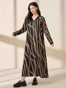 Mulvari Women's Chain Print V-Neck Arabian Dress - Multicolor - View 1