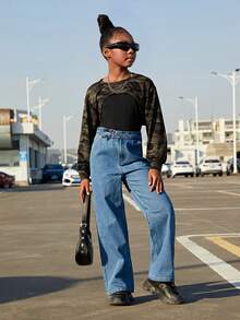 Cô gái Tween Phong cách đường phố Camo Ngắn Áo len crop Với Áo ba lỗ - Nhiều màu - Xem 4