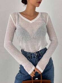 DAZY Women's Ribbed Semi-See-Through T-Shirt Sheer Long Sleeve Women Tops - White - View 4