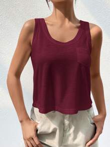 Firerie Solid Color Casual Tank Top With Patch Pocket - Rose Red - View 4