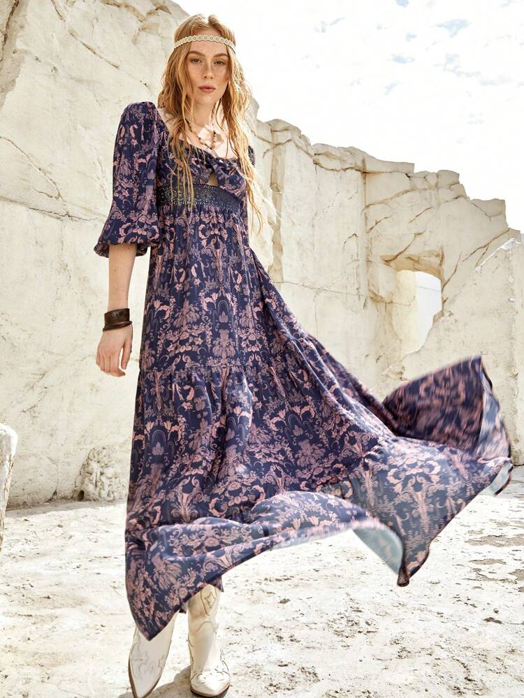 Bohofeels Waistband Lace Trim Sweetheart Neckline Women's Dress