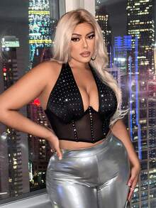 Women's Plus Size New Years Mesh Splice Halterneck Top With Rhinestone Decor - Black - View 5