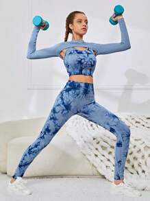 SHEIN 少女款無縫純色t恤和染色背心和打底褲三件套運動套裝