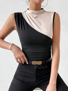 RosyDaze Women's Contrast Stand Collar Pleated Tank Top Graphic Tees Women Tops - Multicolor - View 4