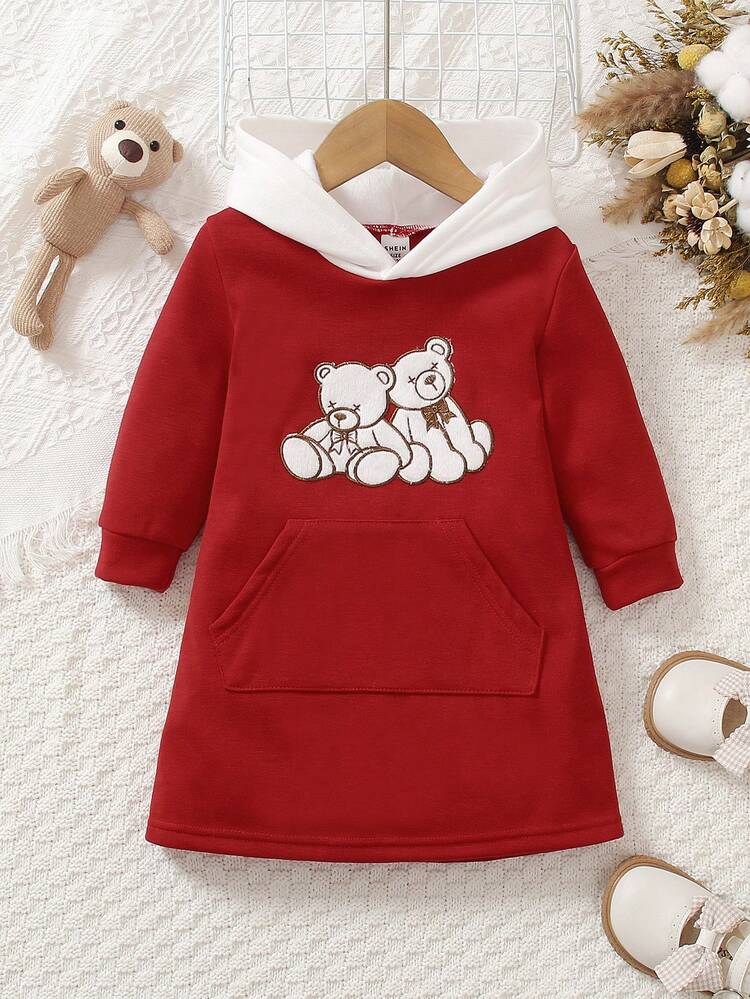 Baby Girls' & Toddler Girls' Cute Bear Embroidery Thickened Splice Sweatshirt Dress