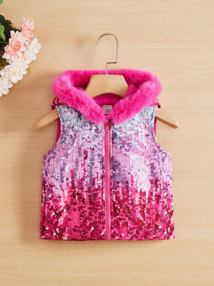 Baby Girls' Thick Pink Plush Padded Coat With Sparkly Print And Patchwork Design For Winter Daily Casual Wear