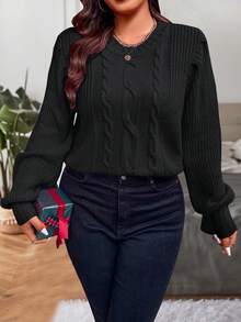 Calvaya 女裝大尺寸純色扭結針織毛衣 - 黑色 - 查看 4