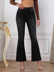 SHEIN Privé 水洗喇叭牛仔裤 - 黑色 - 查看 4