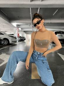 SHEIN PETITE 女士立領鑽石裝飾網狀上衣 - 卡其色 - 查看 6