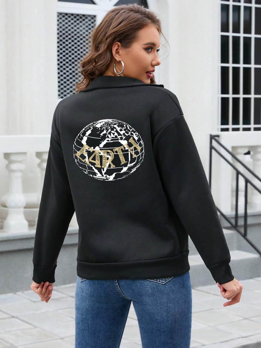 INAWLY Moletom Feminino com Estampa Nas Costas e Gola Esporte Outono - Preto - Visão 1