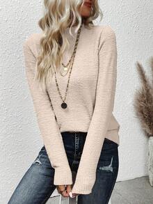 SHEIN LUNE 女士直領長袖毛衣 - 杏色 - 查看 4