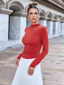 Solid Color Stand Collar T-Shirt Fall Cloth For Women - Burnt Orange - View 4