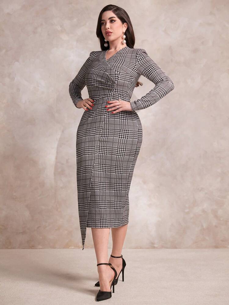 Women's Slim-Fit Houndstooth Dress Long Evening Dresses