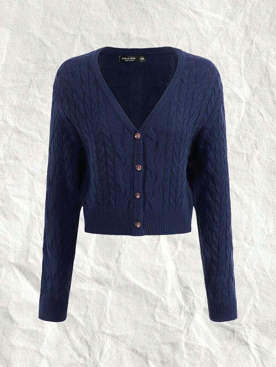 SHEIN EZwear Plus Size Button Up Cardigan With Drop Shoulder - Navy Blue - View 1