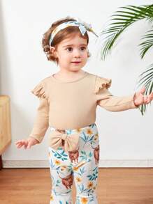 SHEIN 寶寶女孩動物和花卉印花t卹和喇叭褲套裝 - 杏色 - 查看 5