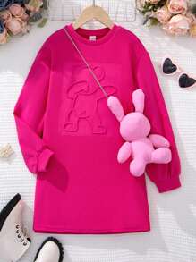 SHEIN 少女甜美又酷的純色寬鬆連身洋裝,3d熊熊圖案壓花印刷斜挎包款式 - 玫紅色 - 查看 1