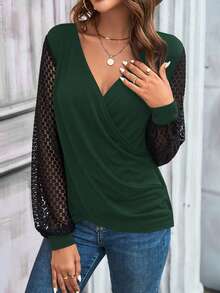 SHEIN LUNE 女士網狀拼接長袖交叉領t恤 - 墨綠色 - 查看 3