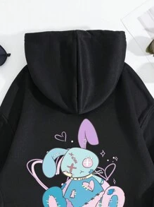 SHEIN EZwear Áo nỉ dài tay cỡ lớn in hình hoạt hình, có dây rút và lớp lót giữ nhiệt. - màu đen - Xem 5