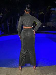 SHEIN SXY Women's Glitter Party Date Long Skirt & Suit Set - Black - View 2