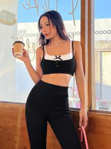 SHEIN EZwear 2 In 1 Women's Shortened Strap Top And Leggings Set - Black and White - View 3