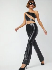 Hauture Eén schouder Doorschijnend PU Jumpsuits