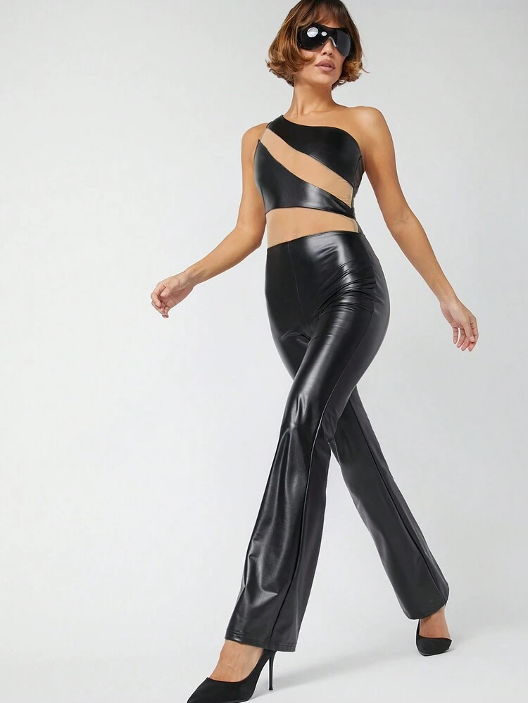 One Shoulder Mesh PU Leather Jumpsuit