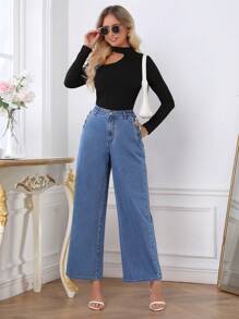 SHEIN Privé 女式闊腿牛仔褲 - 深色水洗藍 - 查看 5