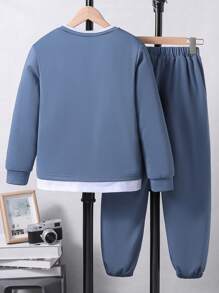 SHEIN Tween 男孩 2 合 1 圓領長袖運動衫和運動褲藍色休閒兩件套 - 藍色 - 查看 2