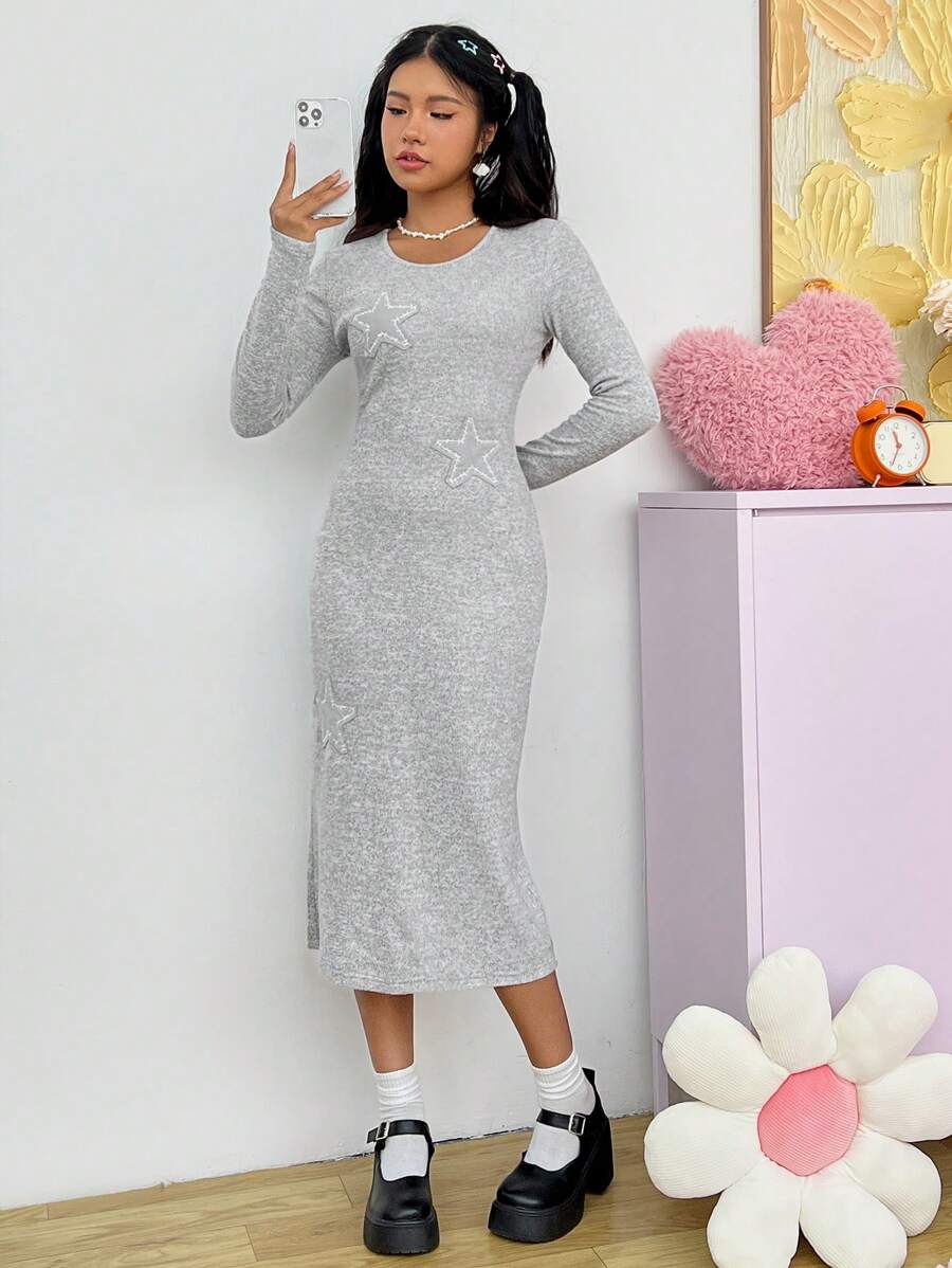 SHEIN EZwear Star Pattern Long Sleeve Dress - Light Grey - View 1