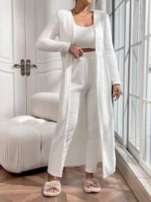 SHEIN Essnce 絨毛素色背心上衣和褲子&開門襟外套 - 白色 - 查看 5