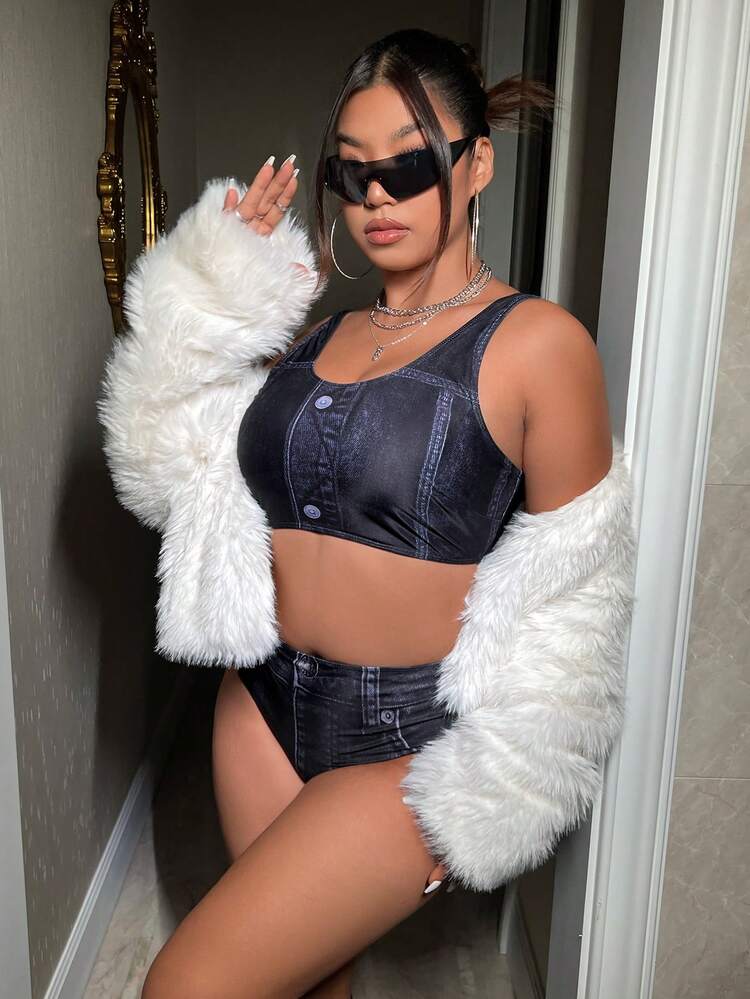 Summer Plus Size Denim Effect Bikini Set