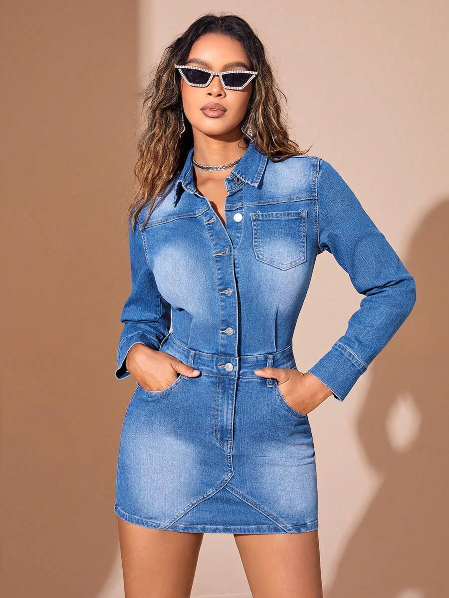 SHEIN BAE Women's Short Denim Shirt Dress - Dark Wash - View 1