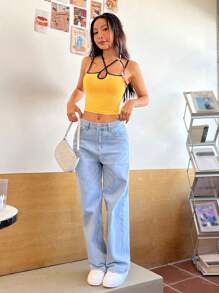 SHEIN EZwear Patchwork Edge Strap Tank Top - Yellow - View 5