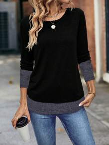 EMERY ROSE 双色长袖T恤 印花T恤 女式上衣 春秋季女装 - 黑色 - 查看 6