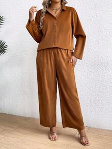 SHEIN LUNE 大尺碼女士簡約純色鈕扣襯衫與長褲套裝 - 棕色 - 查看 5