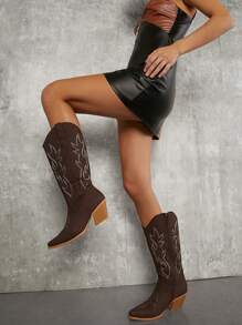 花卉刺繡側拉鍊靴 - 巧克力棕 - 查看 2