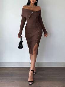 EURMUSE 女士露肩修身毛衣連衣裙 - 棕色 - 查看 5