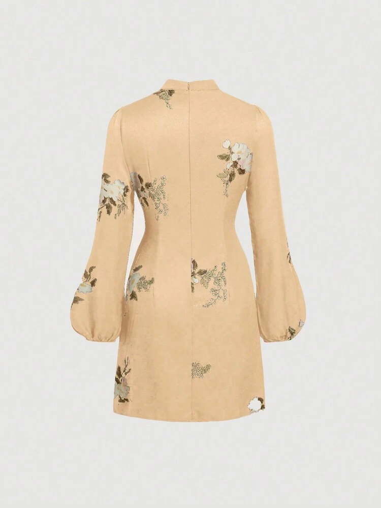 Women's Apricot-colored Floral Printed Waist-tied Dress