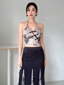 EastFlair New Chinese Style With Bamboo Print And Designed Buckle Halter Top - Apricot - View 1