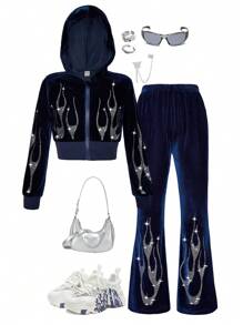 SHEIN Tween Girl Velvet Hooded Sweatshirt Suit - Royal Blue - View 1