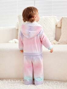 SHEIN Trẻ sơ sinh Cô gái Giải trí Macaron Màu sắc Lông cừu áo có mũ Áo khoác & Quần Bộ Với Hình trái tim Túi - Nhiều màu - Xem 2