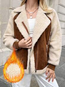 Muchica 女泰迪毛皮拼接插肩袖翻領夾克 - 棕色 - 查看 1