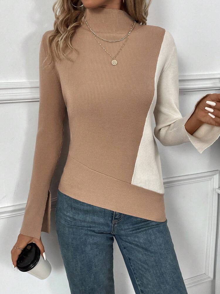 Color Block Stand Collar Asymmetric Hem Knit Pullover Fall Winter Sweater